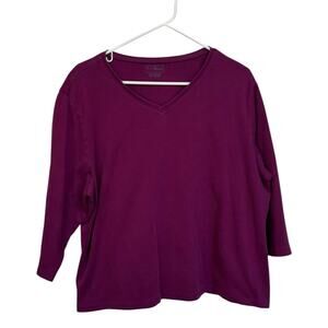 LL Bean Women's 2XL Plus 3/4 Sleeve V Neck Top Purple XXL Workout Exercise READ
